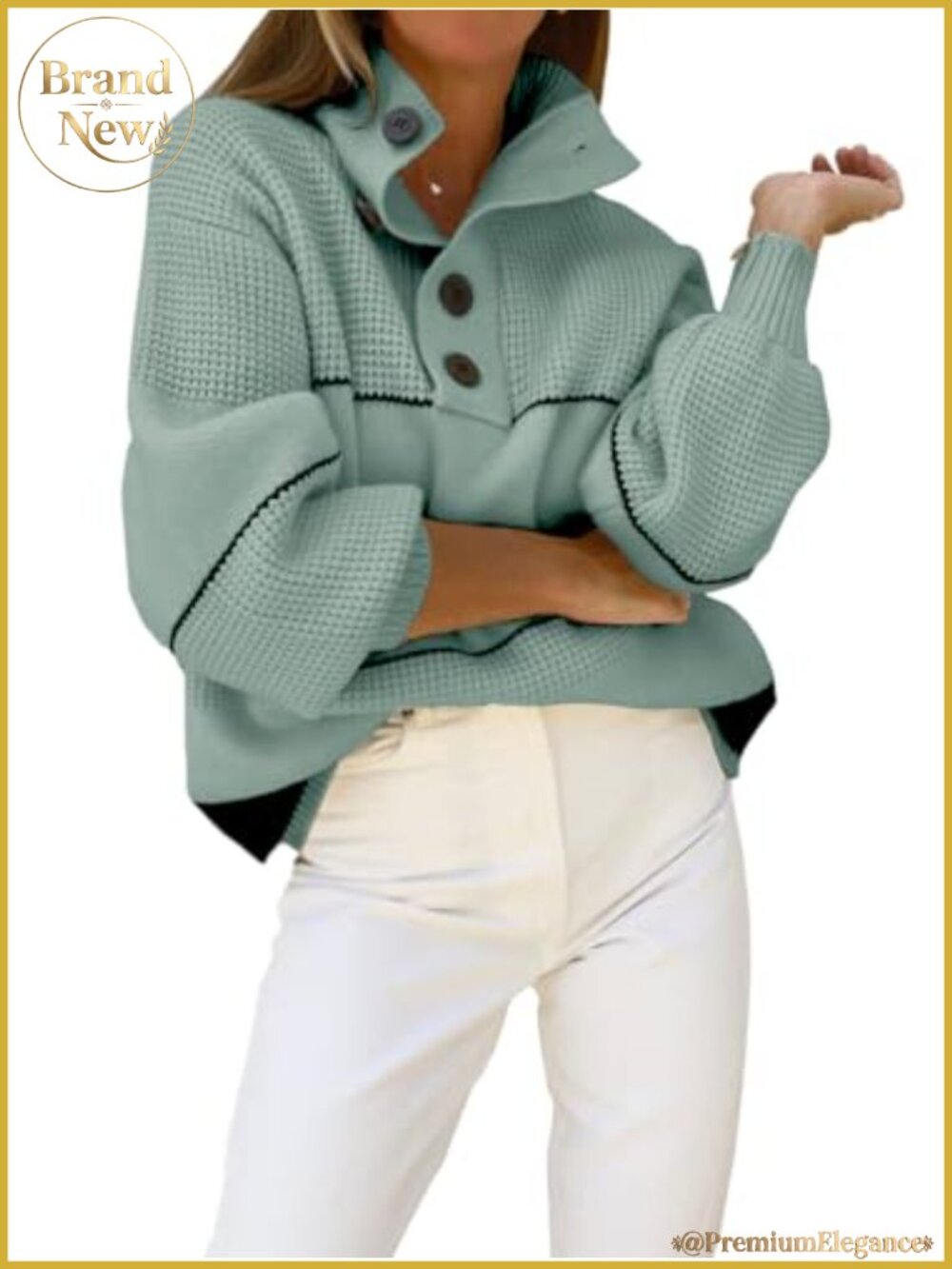 Waffle Knit Slouchy Striped Polo Collar Long Sleeve Pullover Sweater